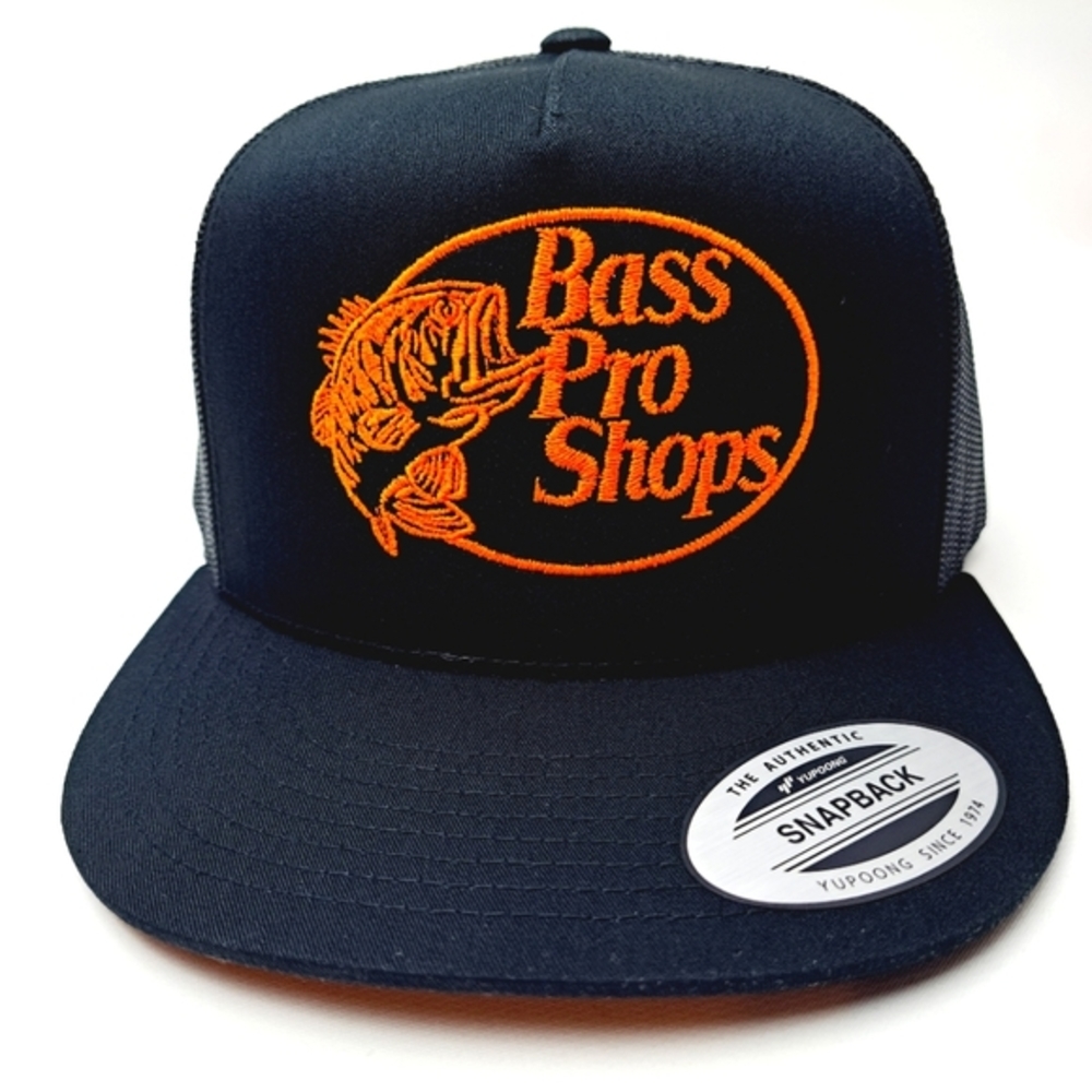 Bass Pro Shops Flat Bill Trucker Mesh Snapback Cap Hat Black Embroidered